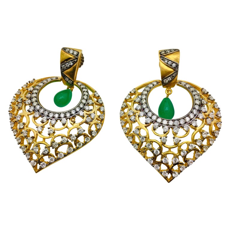 Leaf Filigree Cubic Zircon Faux Emerald Earrings For Sale at 1stDibs