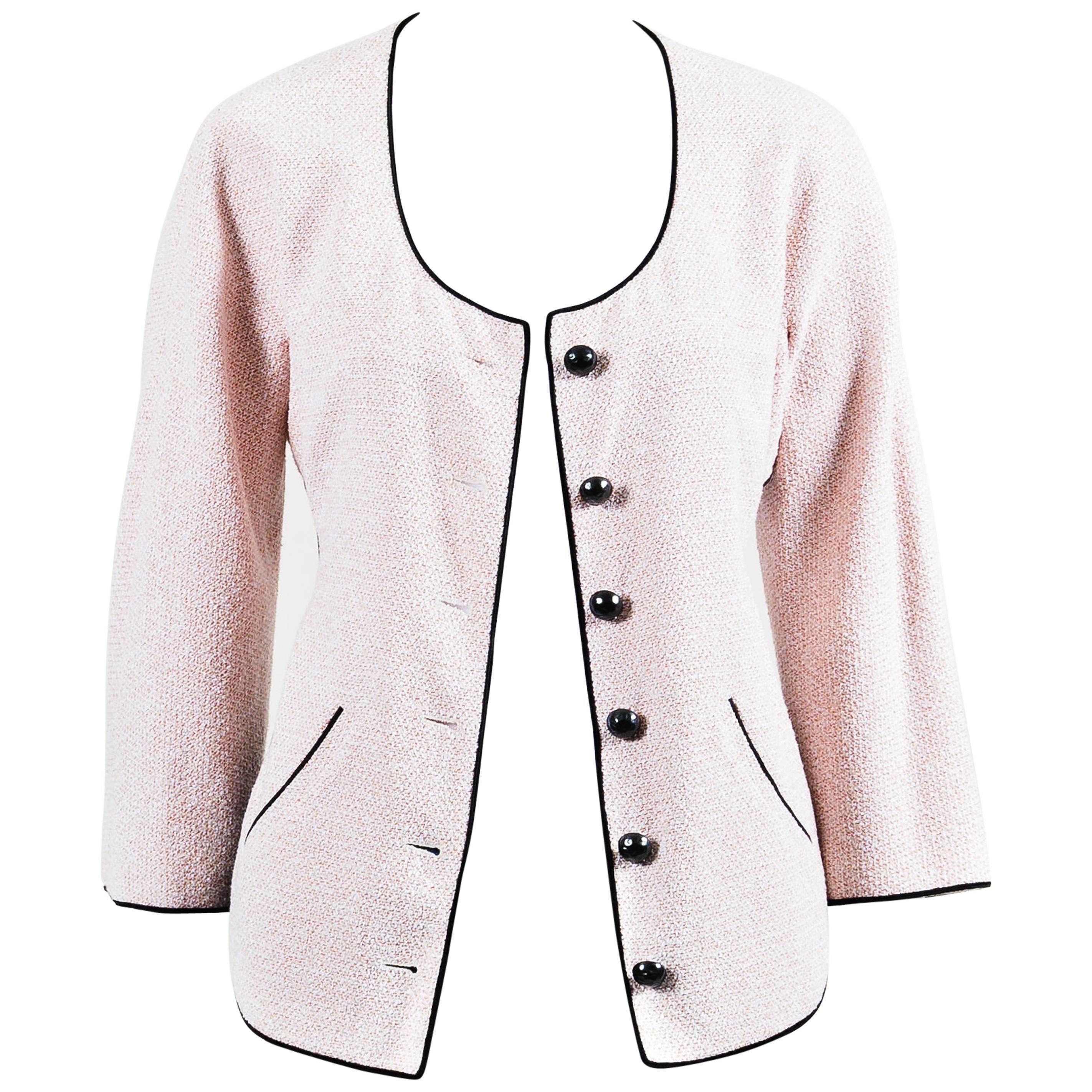 Chanel Pink Black Tweed Open Tie Back Cropped Sleeve Jacket SZ 40 For Sale