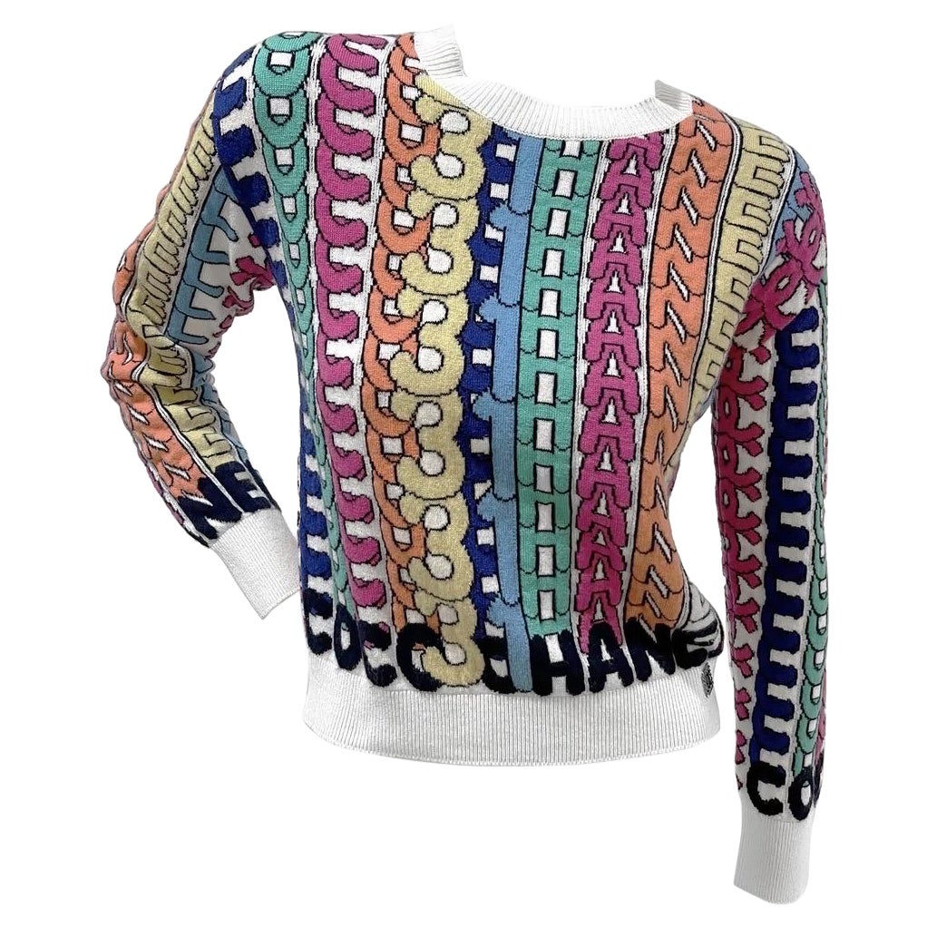 Chanel White Multicolor Cashmere Logo Print Intarsia Sweater F2021 For Sale