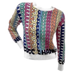 Chanel White Multicolor Cashmere Logo Print Intarsia Sweater F2021