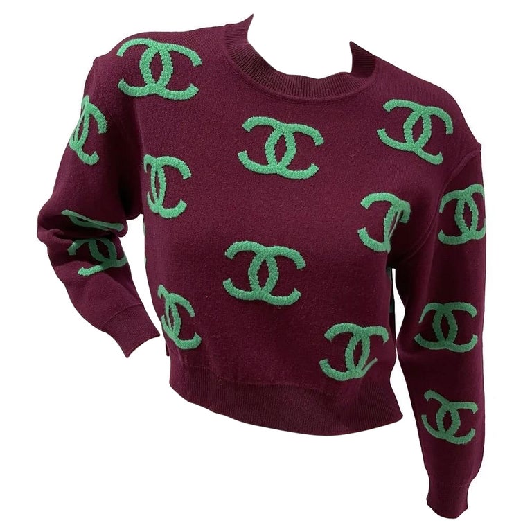 Chanel Maroon With Green CC Logo Print Cashmere Sweater Spring2021 at  1stDibs