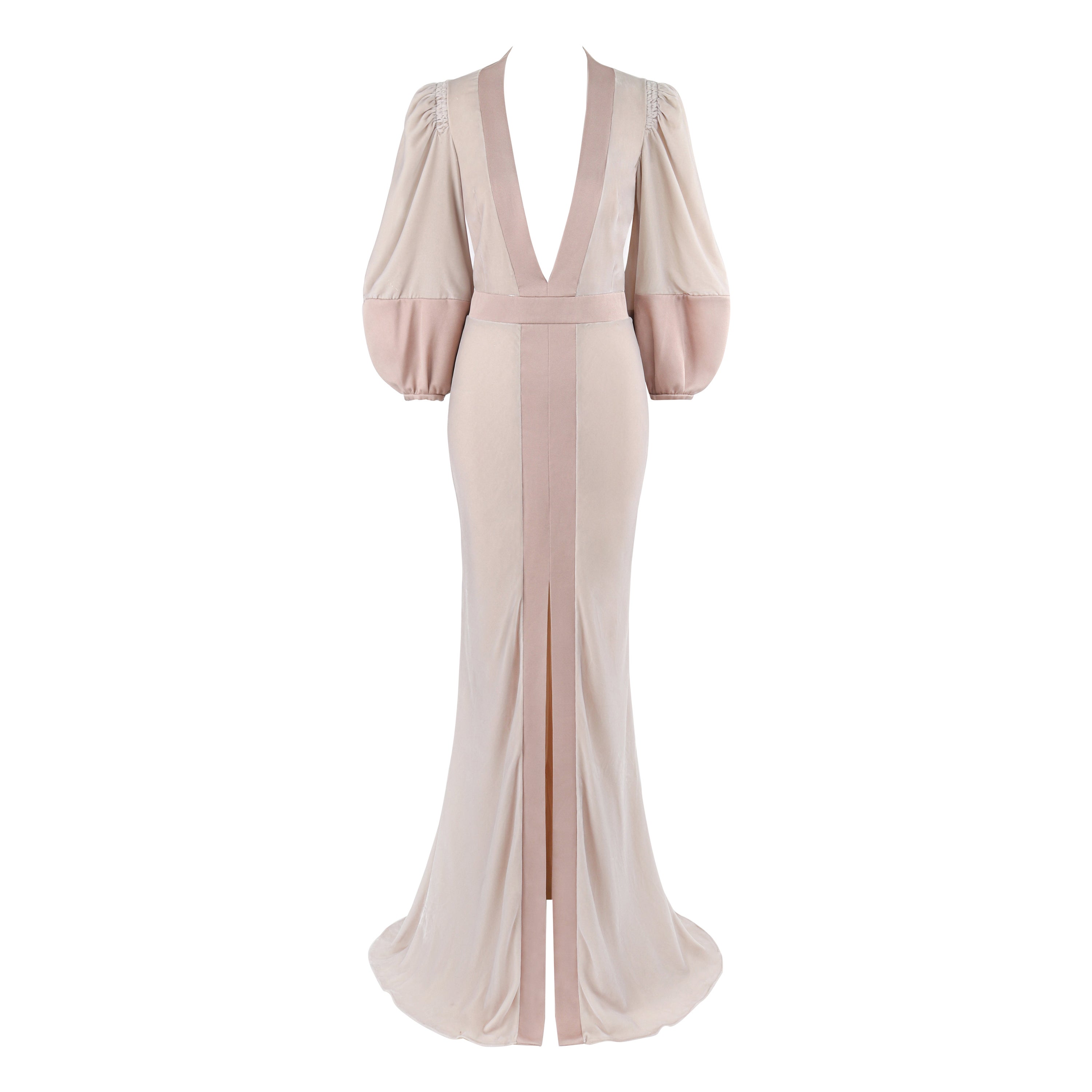 ALEXANDER McQUEEN c.2017 Dusty Mauve Velvet Silk V-Neck Puff Longsleeve Gown For Sale