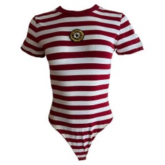 DKNY Red & White Cotton Striped T-shirt Bodysuit, Size Small