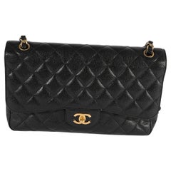 Used Chanel Black Quilted Caviar Jumbo Classic Double Flap Bag