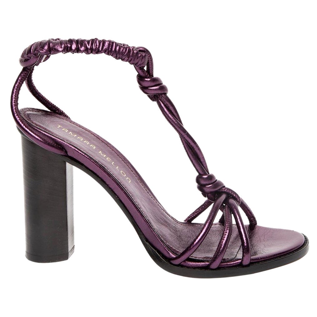 Tamara Mellon Women's Knot Leather Heeled Sandals in Aubergine For Sale