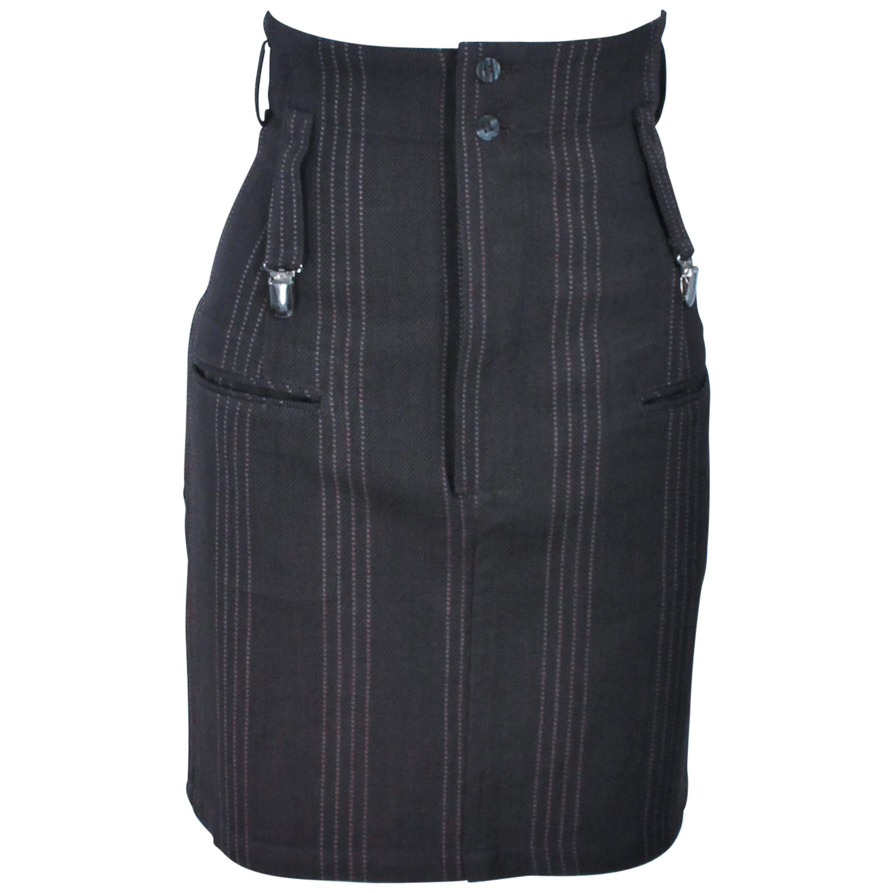 YOHJI YAMAMOTO High Waist Pinstripe Wool Skirt with Suspender Detail Size 2