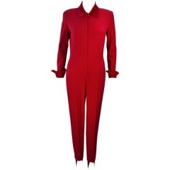 Vintage MOSCHINO Red Stretch Wool Stirrup Pantsuit with Velvet Trim Size 6-8