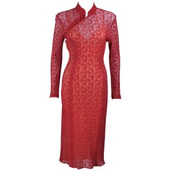 Vintage MONIQUE LHUILLIER Asian Inspired Deep Coral Knit lace Cocktail Dress Size 8