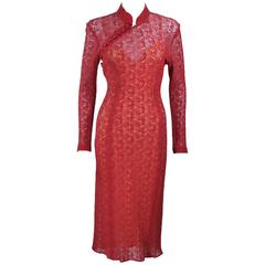 MONIQUE LHUILLIER Asian Inspired Deep Coral Knit lace Cocktail Dress Size 8 2