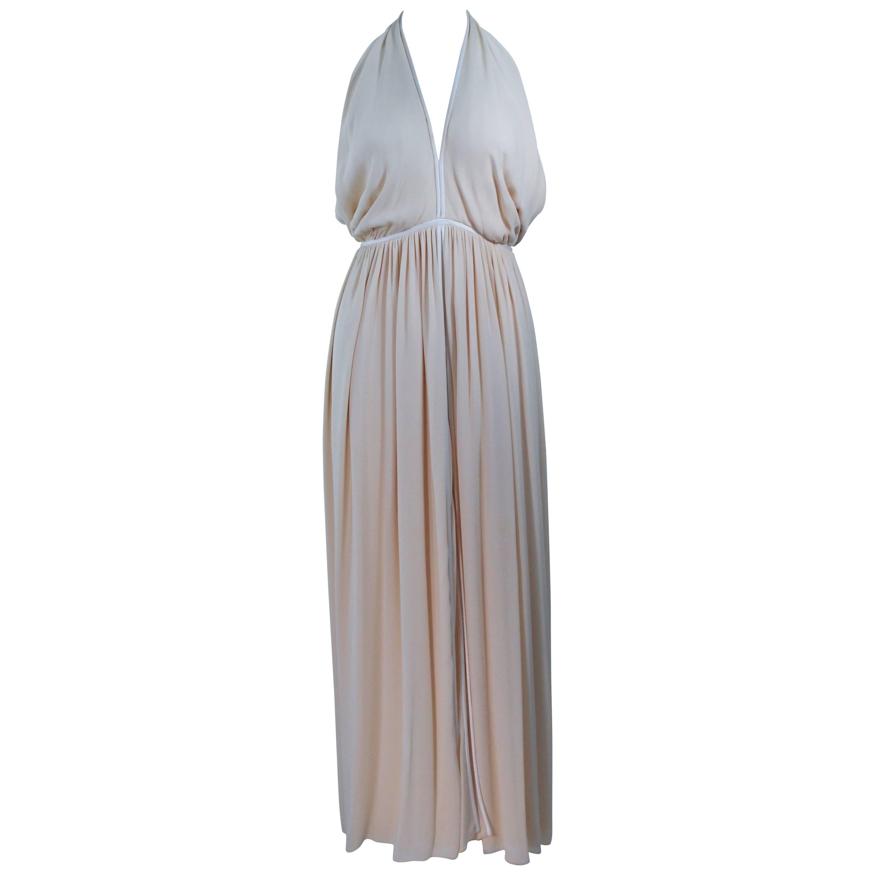 GALANOS Cream Silk Halter Gown with White Trim and Exposed Back Size 0 2 For Sale