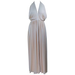 GALANOS Cream Silk Halter Gown with White Trim and Exposed Back Size 0 2