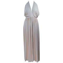 GALANOS Cream Silk Halter Gown with White Trim and Exposed Back Size 0 2 3