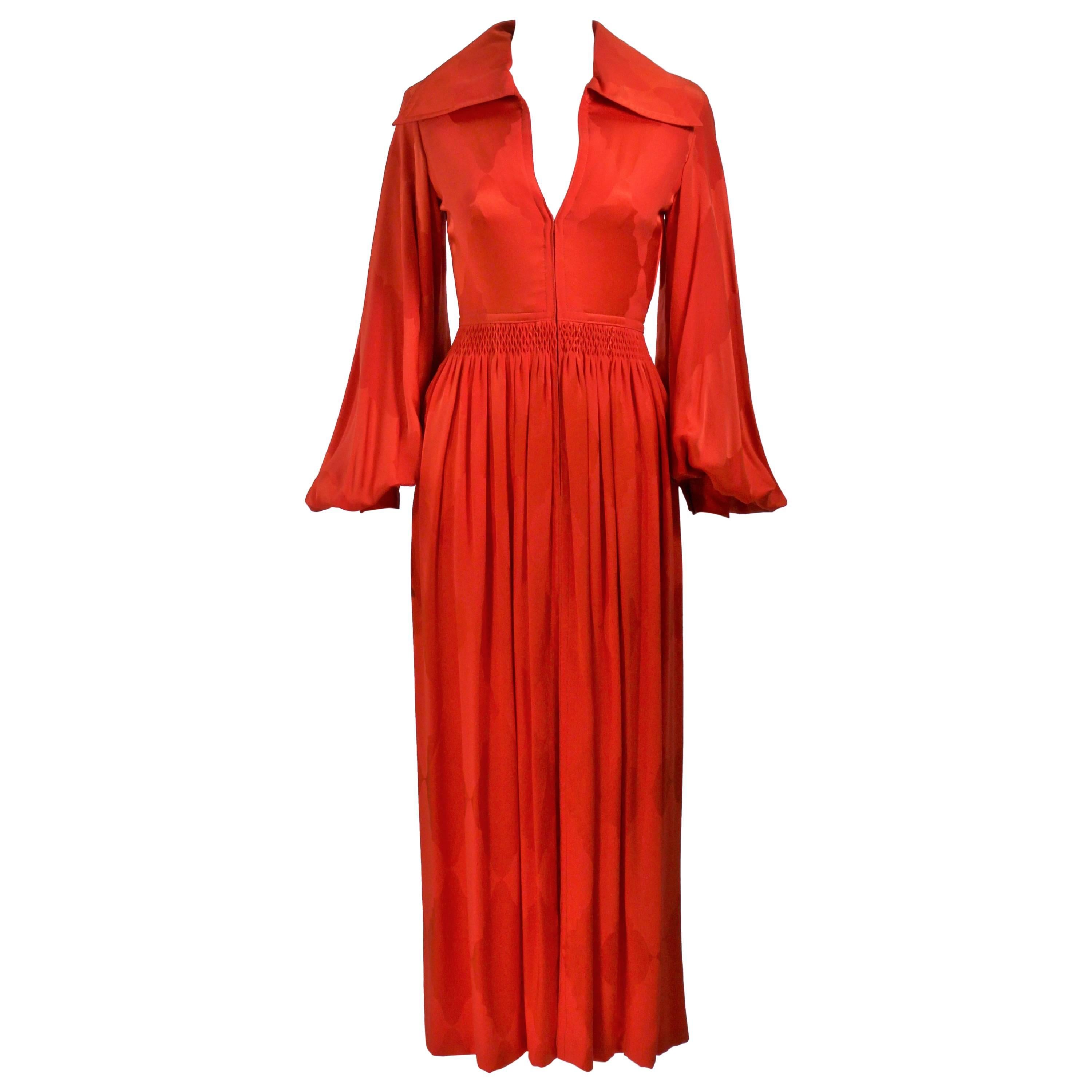 GALANOS 1970's Orange Silk Billow Sleeve Zip Front Gown Size 2 4 For Sale