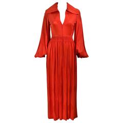 GALANOS 1970's Orange Silk Billow Sleeve Zip Front Gown Size 2 4 3