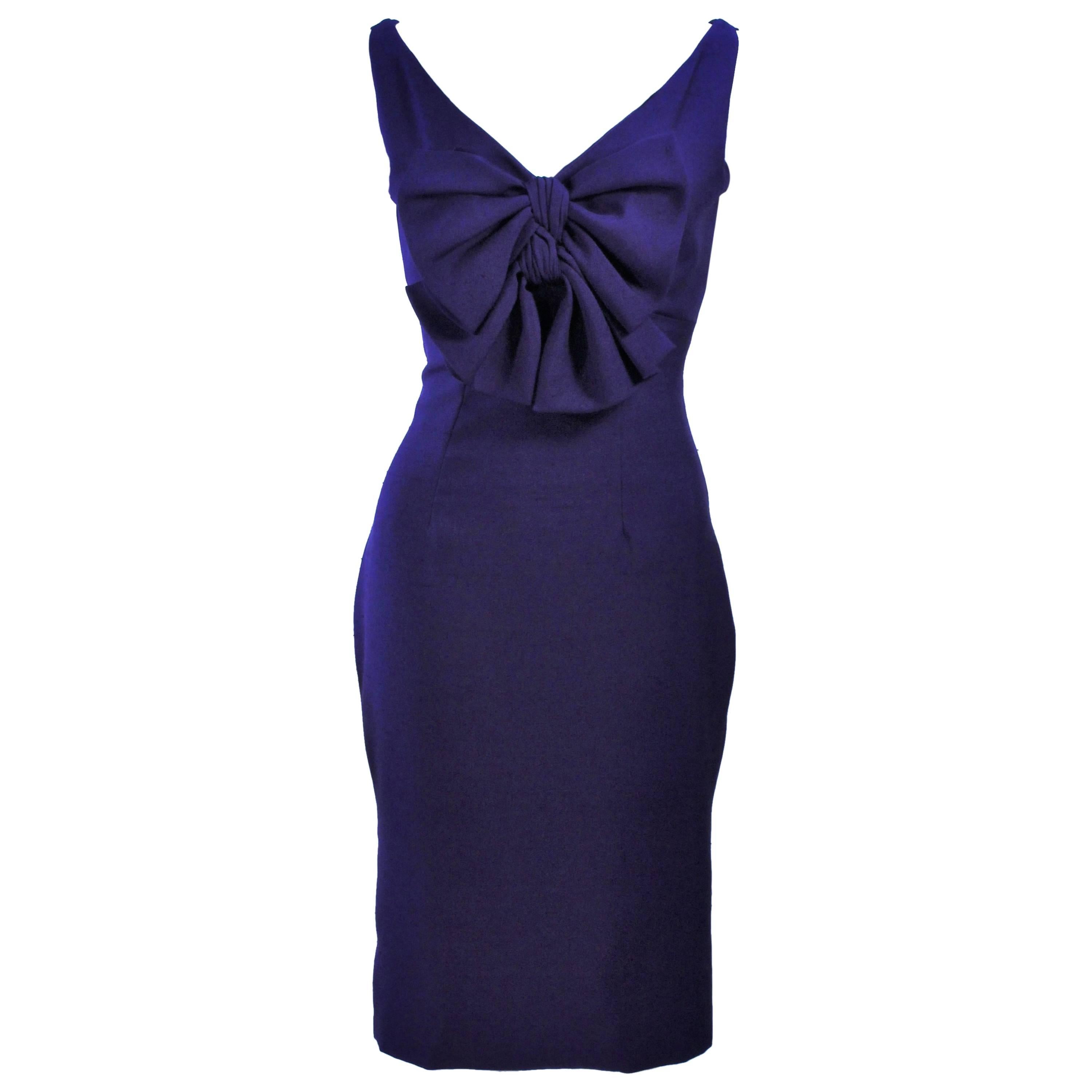 ELIZABETH MASON COUTURE Purple Silk Cocktail Dress with Bow Made to Order For Sale