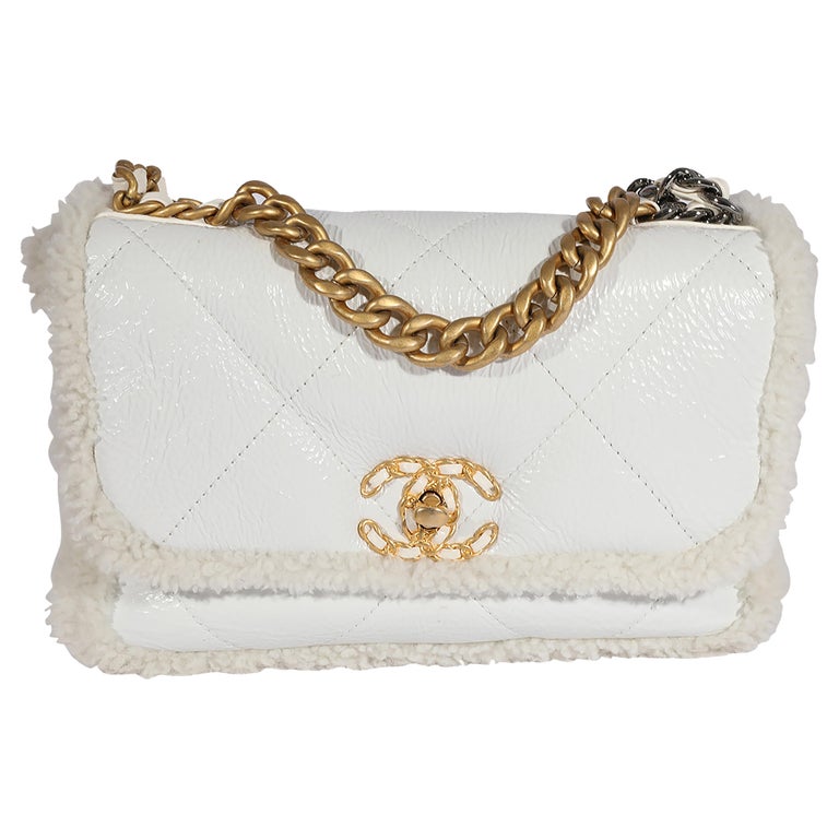 Chanel White Patent Leather and Shearling Chanel 19 Medium Flap