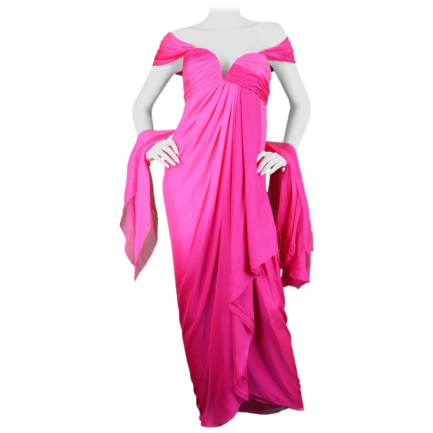 Odicini Couture 1980s Fuchsia Pink Ombre Draped Silk Goddess Evening Gown