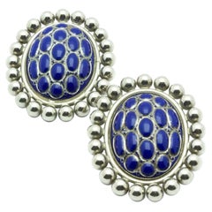 Impressive Blue Cabochons Clip-on Vintage Earrings in Silver, 90s