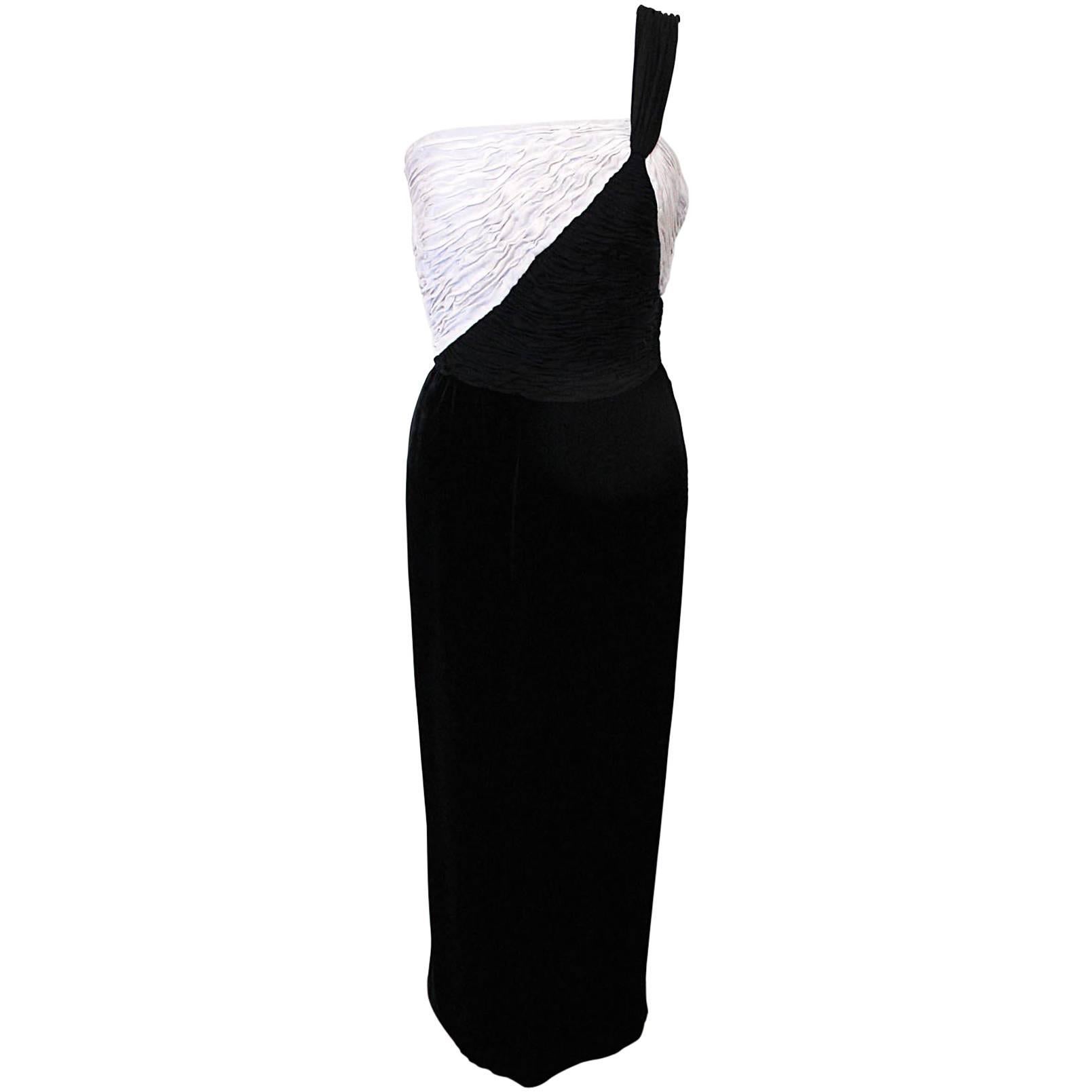Vintage 1980's Valentino Black and White Chiffon and Velvet One Shoulder Gown For Sale