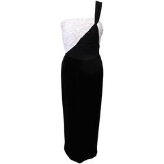 Vintage 1980's Valentino Black and White Chiffon and Velvet One Shoulder Gown
