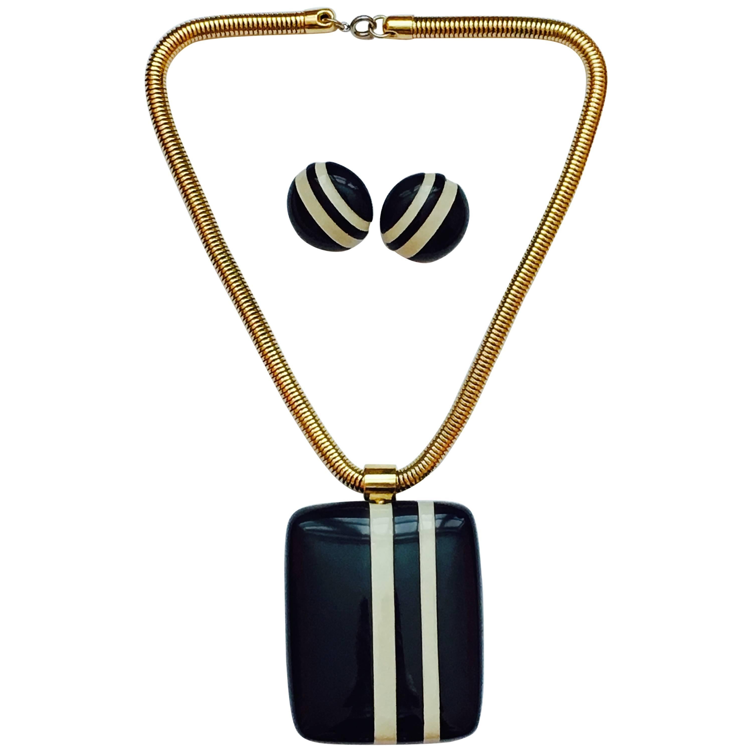 1970s Vintage Lanvin Striped Pendant Necklace and Earrings Navy and White For Sale