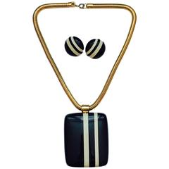 1970s Vintage Lanvin Striped Pendant Necklace and Earrings Navy and White