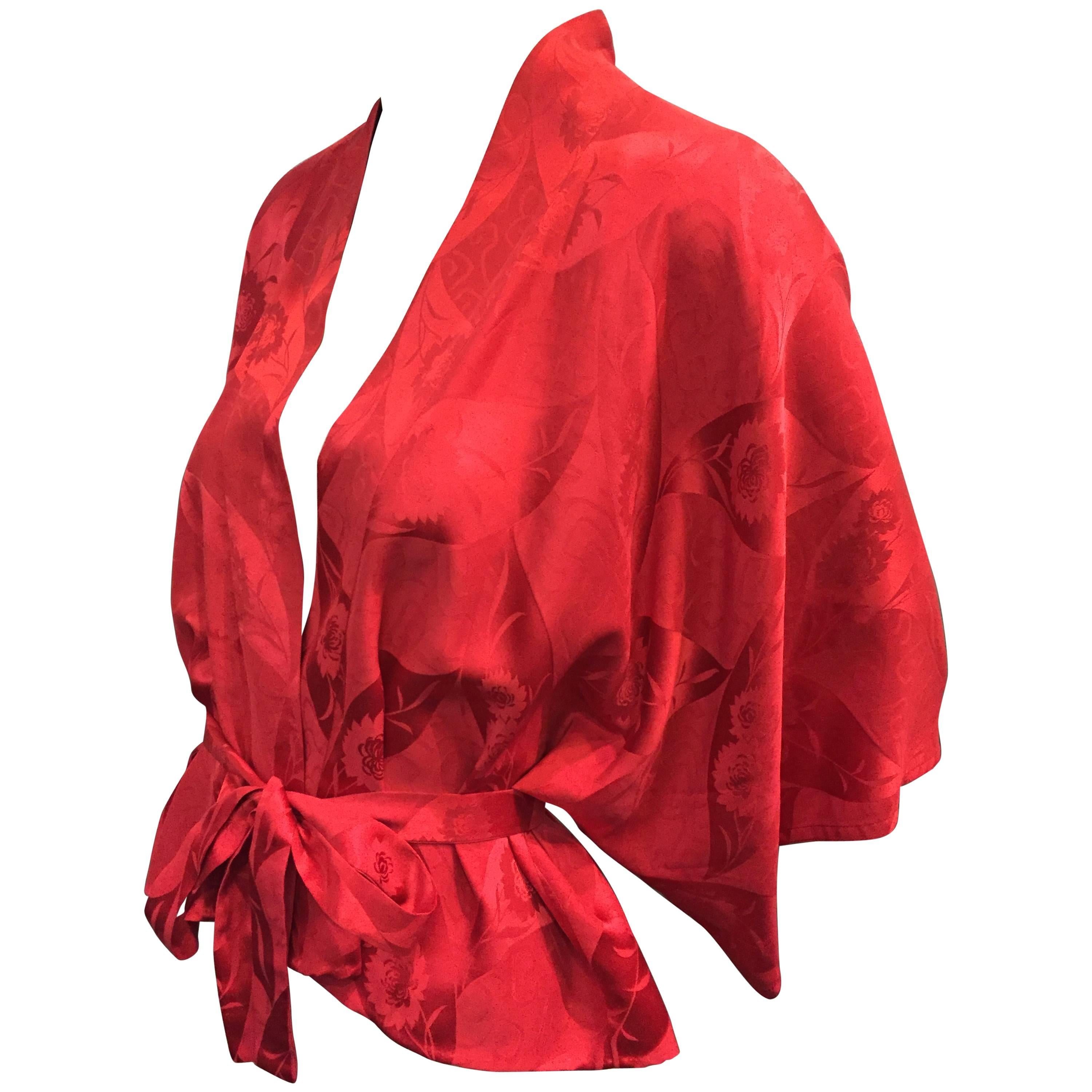 1970s Cranberry Silk Jacquard Kimono-Style Jacket w Belt