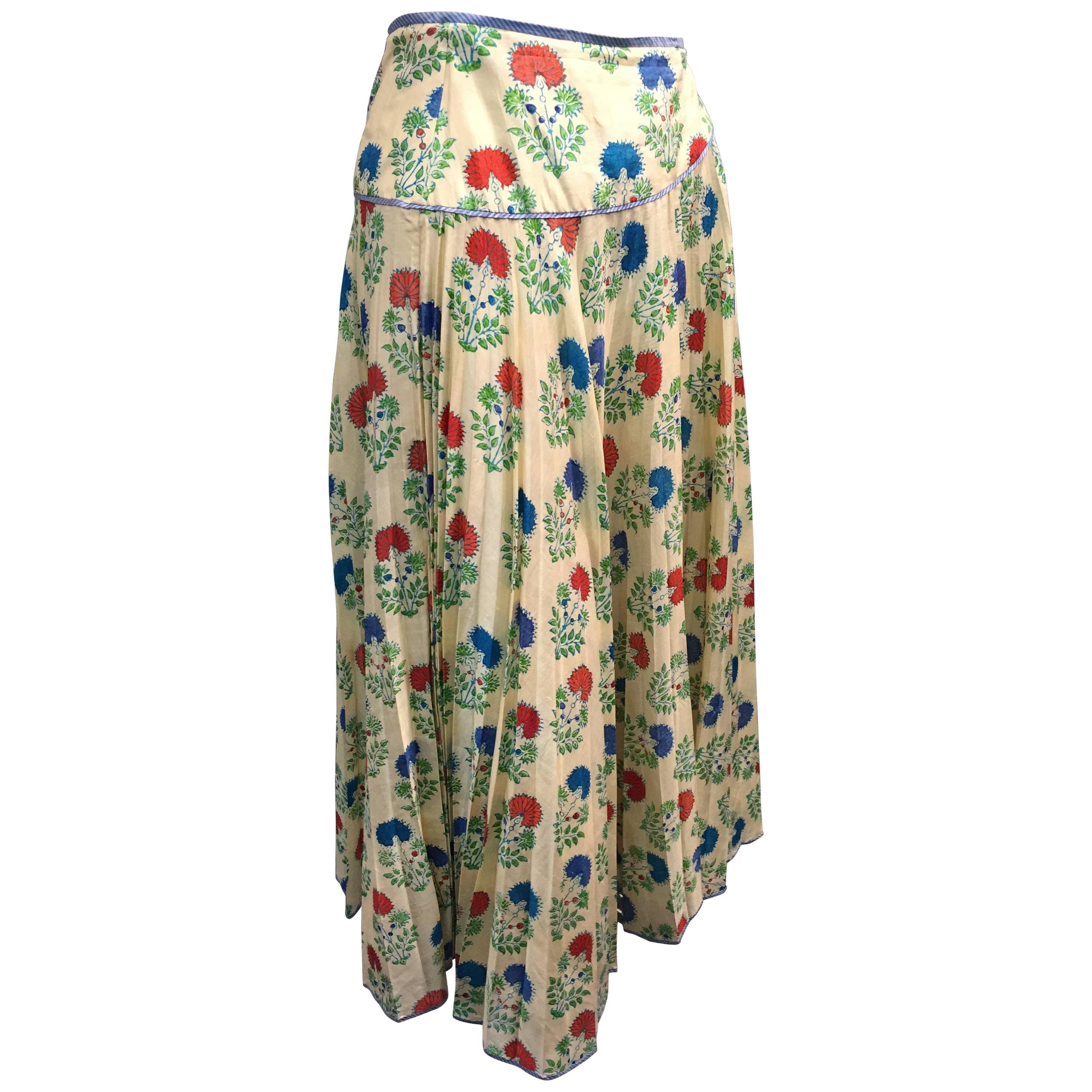 1970s Silk Block-Printed Pleated Indian Circle Skirt with Yolk