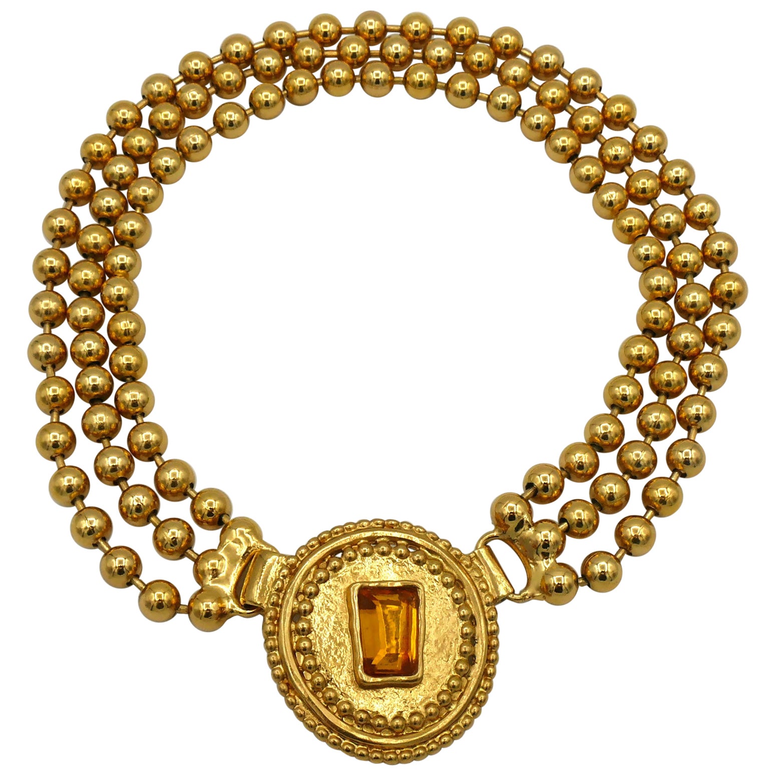Jean Louis Scherrer Vintage Gold Toned Orange Resin Cabochon Collar Necklace For Sale