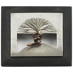Modernist French Pin Brooch Ebony & Sterling Silver Snake & Tree Design