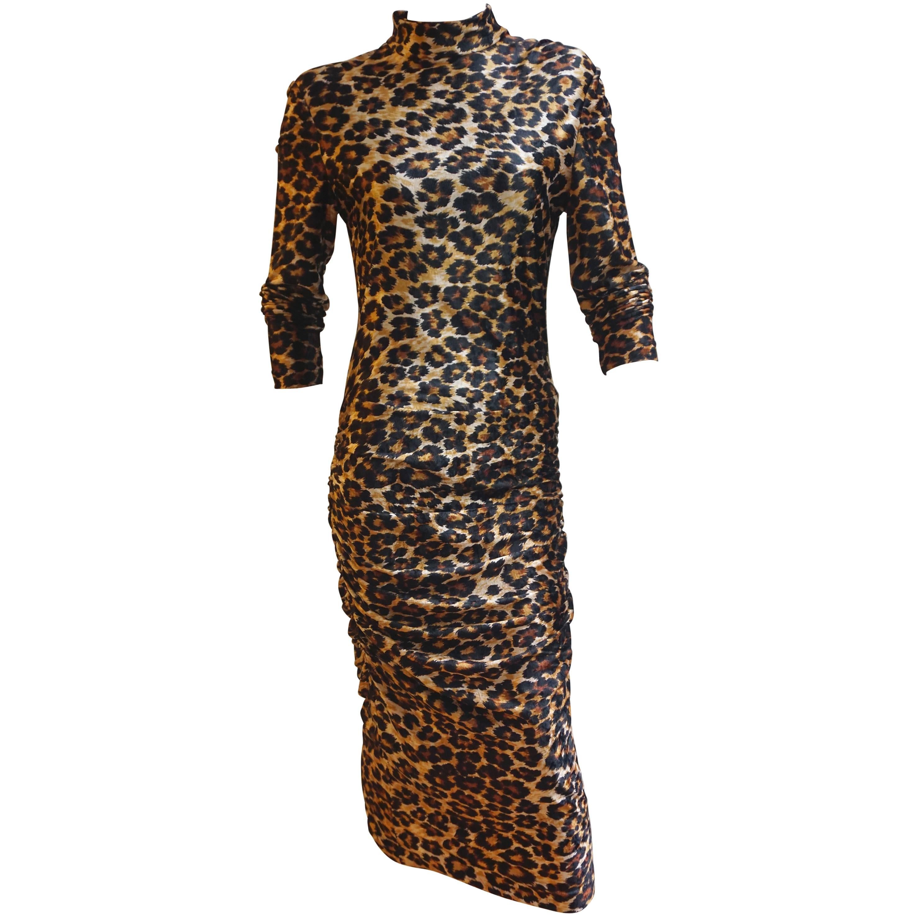 PATRICK KELLY Leopard Print Stretch Velvet Long Sleeve Fitted Dress For Sale