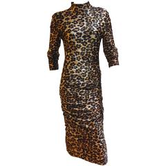 PATRICK KELLY Leopard Print Stretch Velvet Long Sleeve Fitted Dress