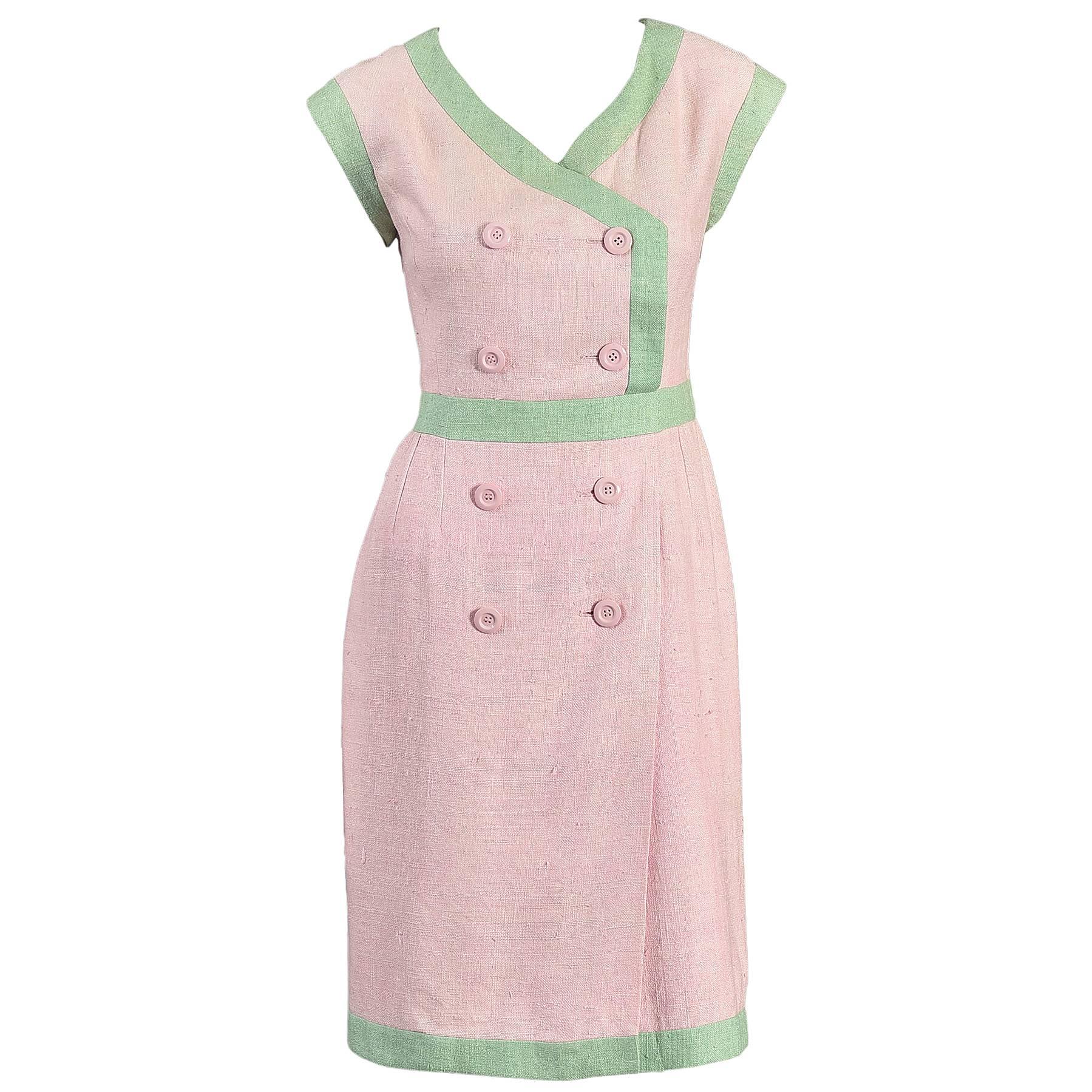 1980s Valentino Watermelon Double Breasted Linen Dress  For Sale
