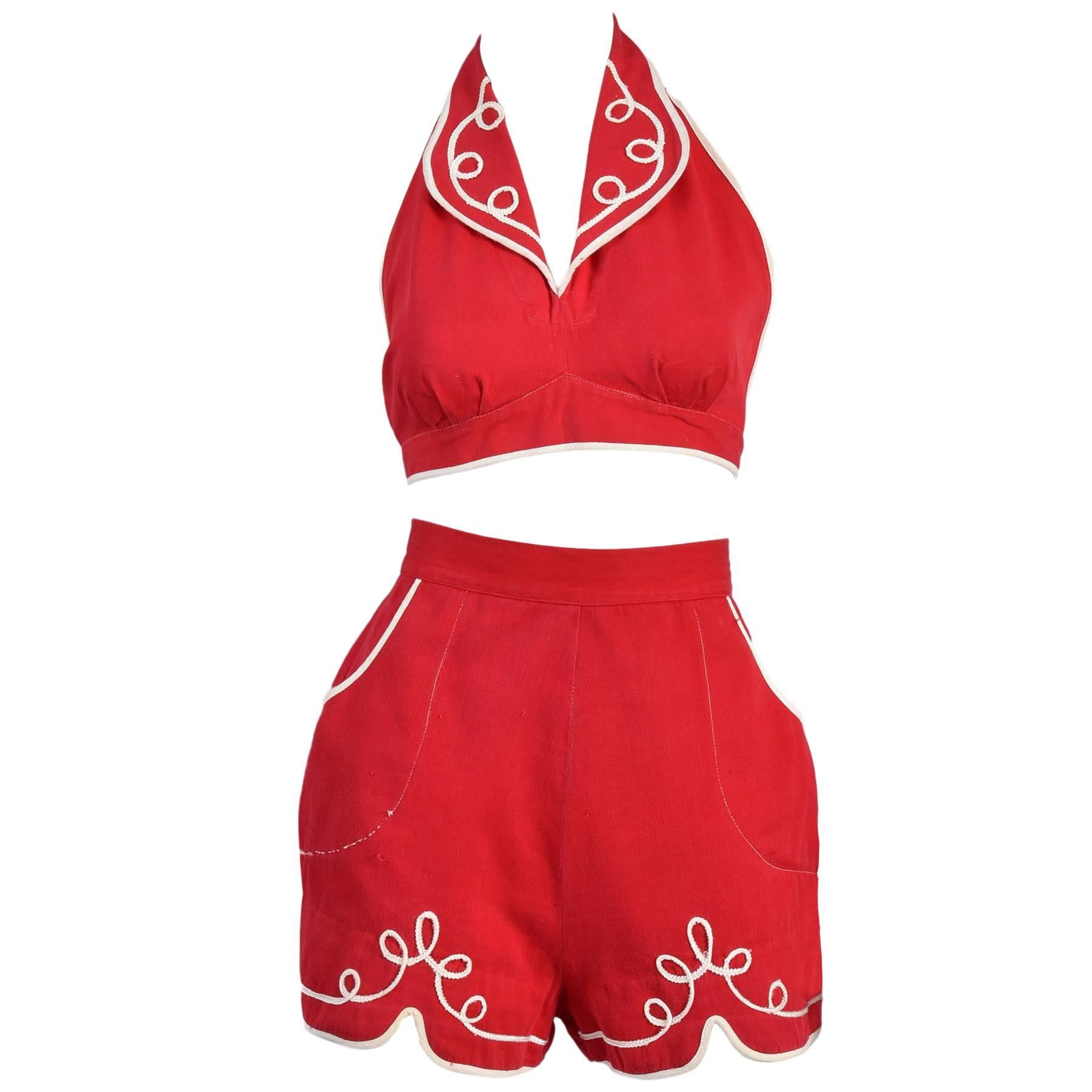 1940s 2 Piece Red Play Suit with White Trim For Sale