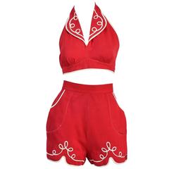 Vintage 1940s 2 Piece Red Play Suit with White Trim