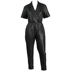 Retro 1980s Skinny Fitted Black Leather Jumpsuit