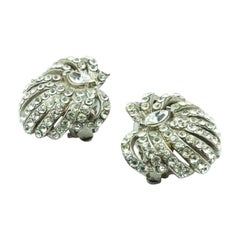 Unique Vintage White Crystal and Silver Plated Metal Clip-on Earrings, 60s