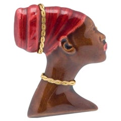 Unique Vintage French African Ceramic Brooch, c.1950