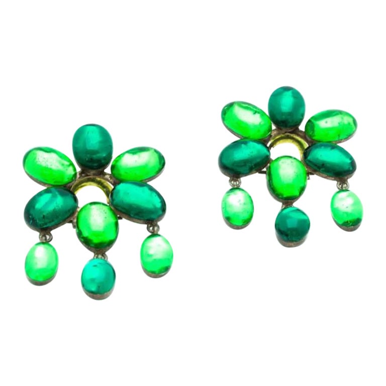 Jacques Gautier Rare Vintage Flowers Green Clip-on Earrings, 60s