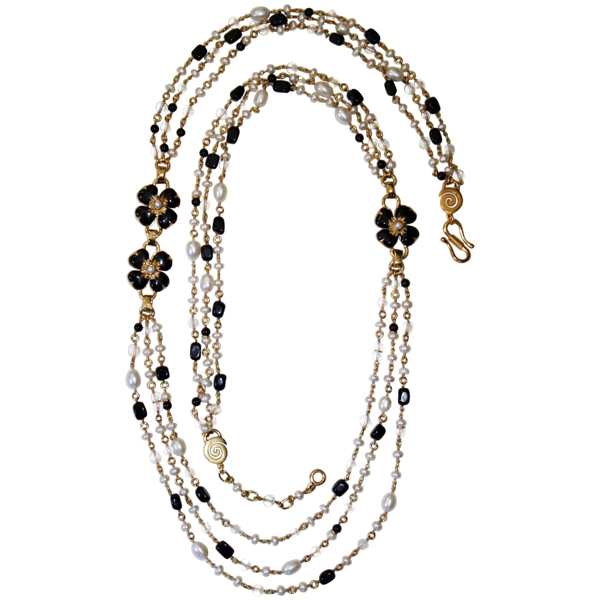 Goossens Paris Black Onyx, Pearl, and Rock Crystal Long Clover Necklace