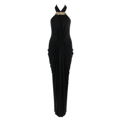 Alexander McQueen c.2013 Abito Maxi con Halter Stretch a Foglie di Rame Nere c.a.