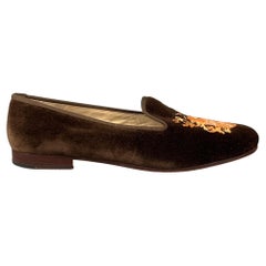 Used STUBBS & WOOTTON Size 10 Brown Gold Velvet Embroidered Loafer Flats