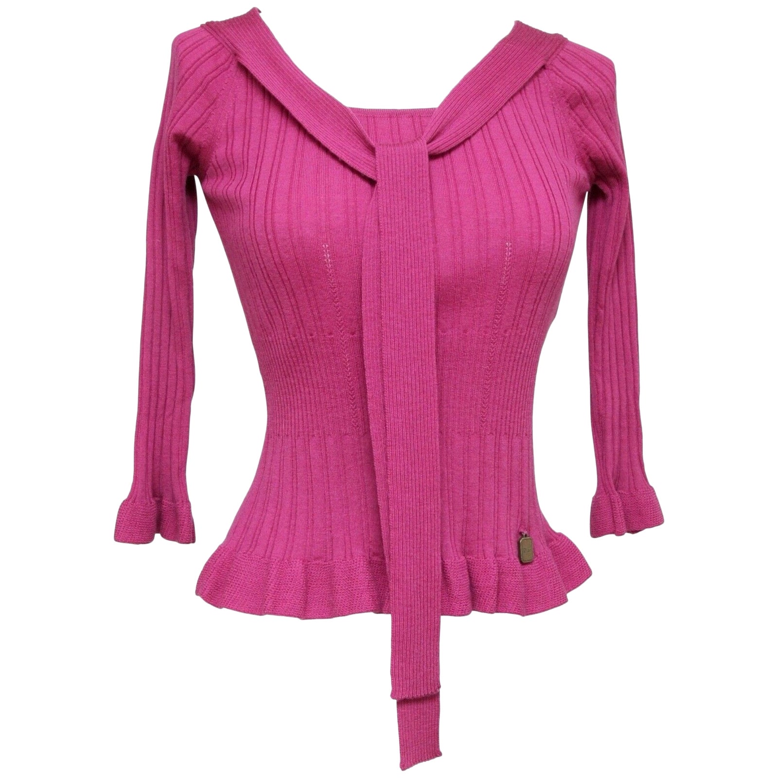 CHRISTIAN DIOR Sweater Knit Top Magenta Scoop Neck Tie 3/4 Sleeve Sz 36 4 For Sale