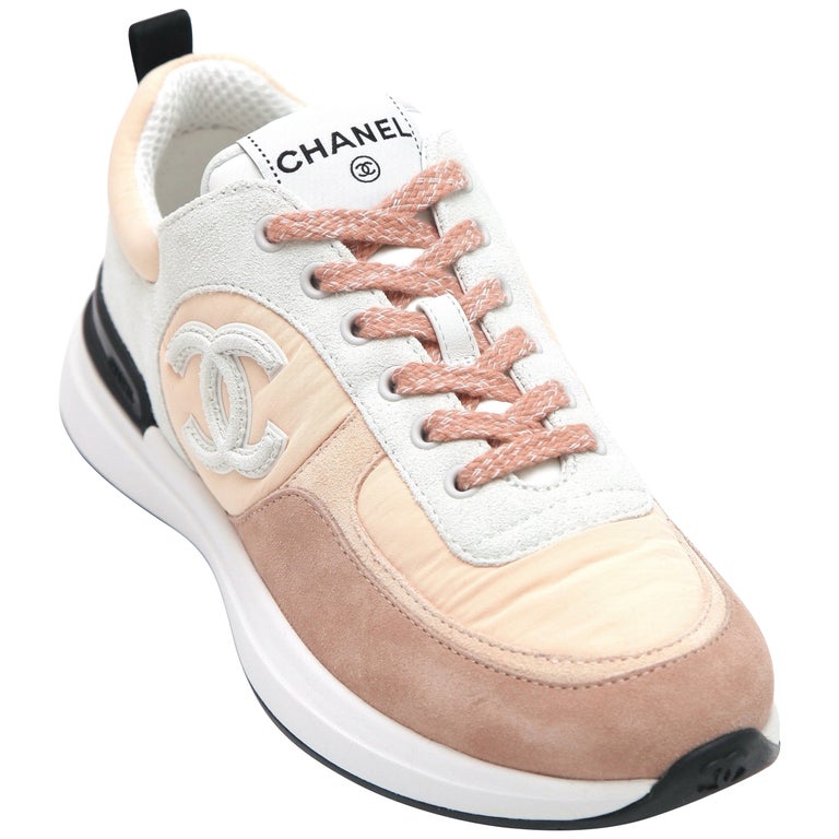 CHANEL Sneaker Trainer Fabric Suede Grey Beige Lace-Up Low Top Sz 38 22P NEW