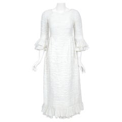 Vintage 1960's Sybil Connolly Couture Pleated White Linen Bell-Sleeve Dress