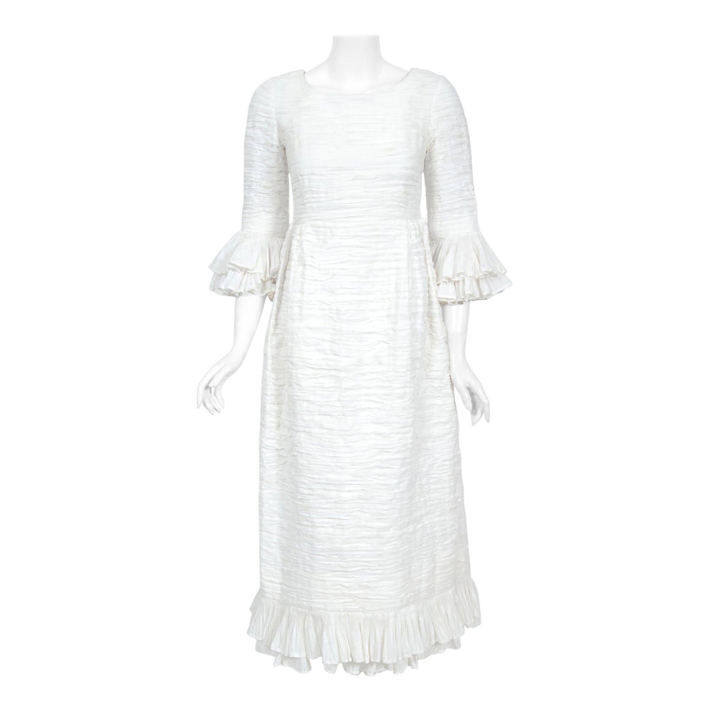 Vintage 1960's Sybil Connolly Couture Pleated White Linen Bell-Sleeve Dress For Sale