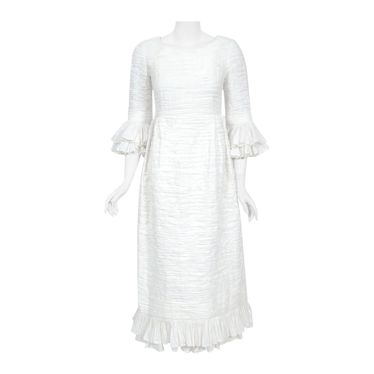 Rare 1960's Sybil Connolly Couture Pleated White Linen Bell-Sleeve Bridal Dress