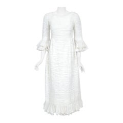 Retro Rare 1960's Sybil Connolly Couture Pleated White Linen Bell-Sleeve Bridal Dress
