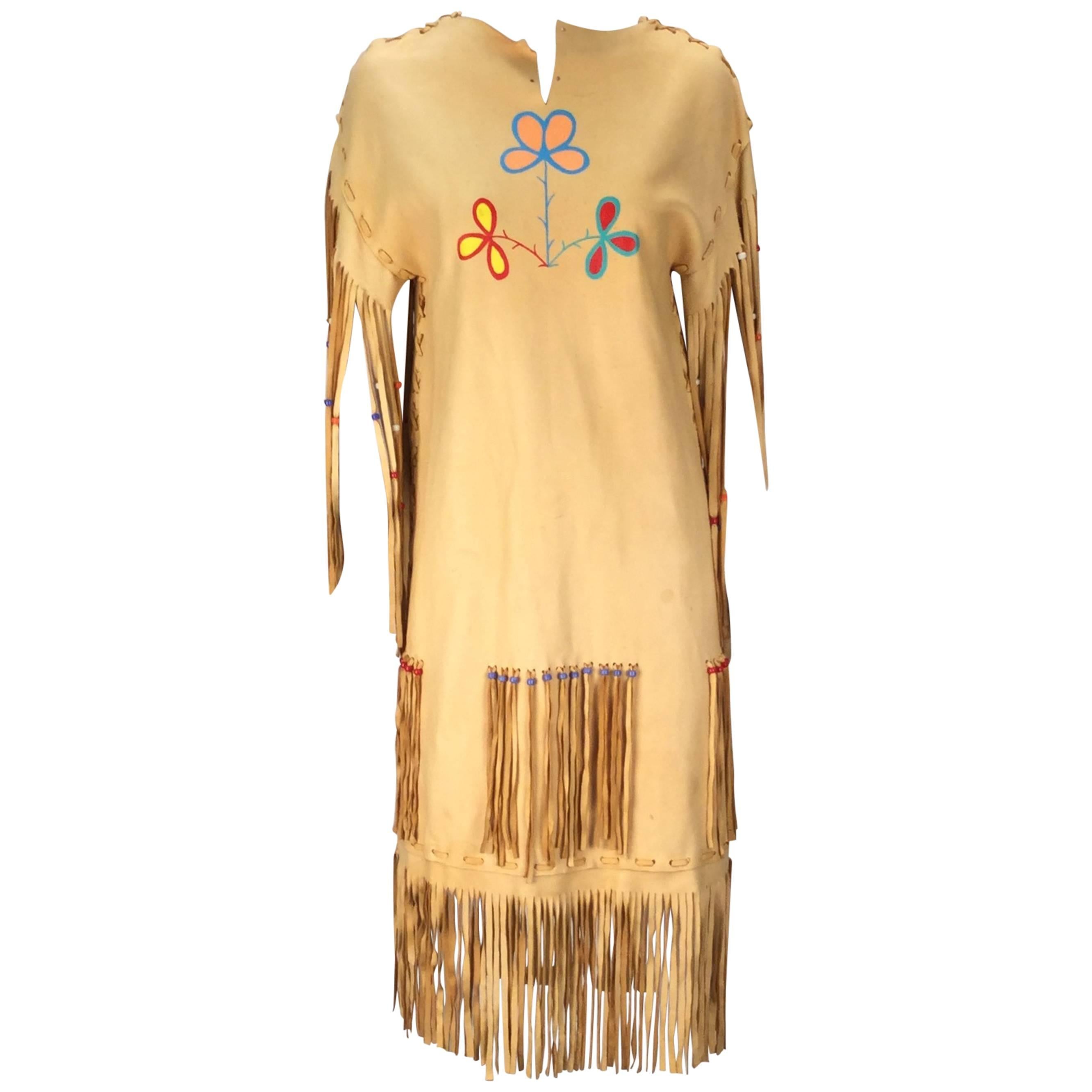 1970s Native American Style Leather Handmade/painted Fringe Dress