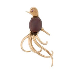 Art Bird Vintage Brooch Garnet Cabochon 14K Gold, 60s